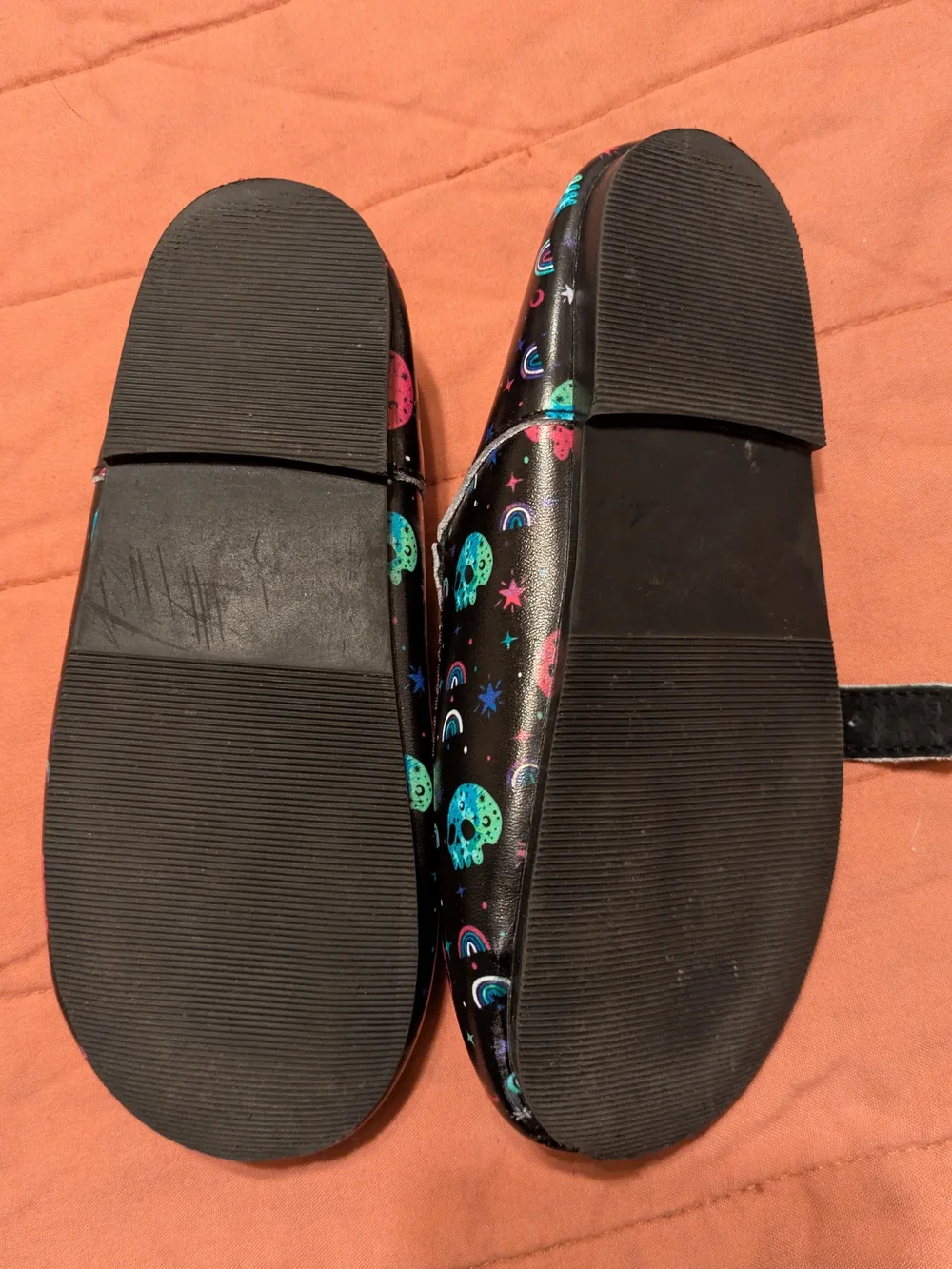 Spellbound Soles Kids Size 11 Black Mary Janes with Neon Skulls And Rainbows